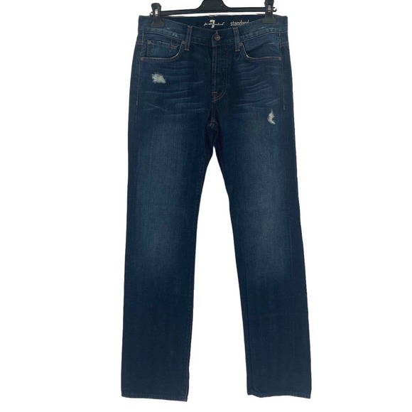 7 For All Mankind Dark Wash Button Fly Jeans Standard Distressed Blue Size 30 - Picture 1 of 11